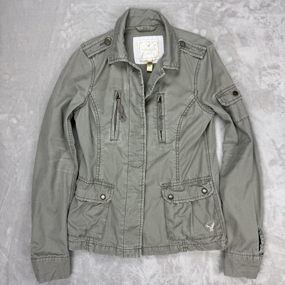 Vtg American Eagle Distressed Army Green Canvas Cargo Field Jacket Women's Small - Picture 2 of 12